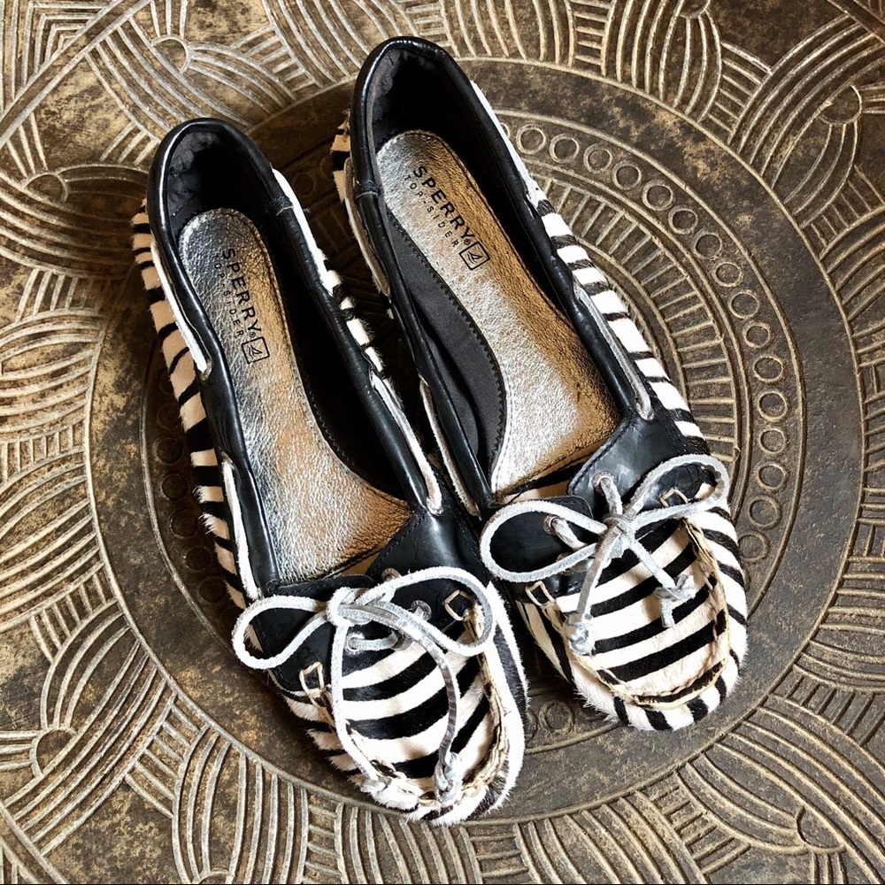 SPERRY Audrey Topslider Loafers Zebra Leather Calf Hair Black White Striped 6.5M